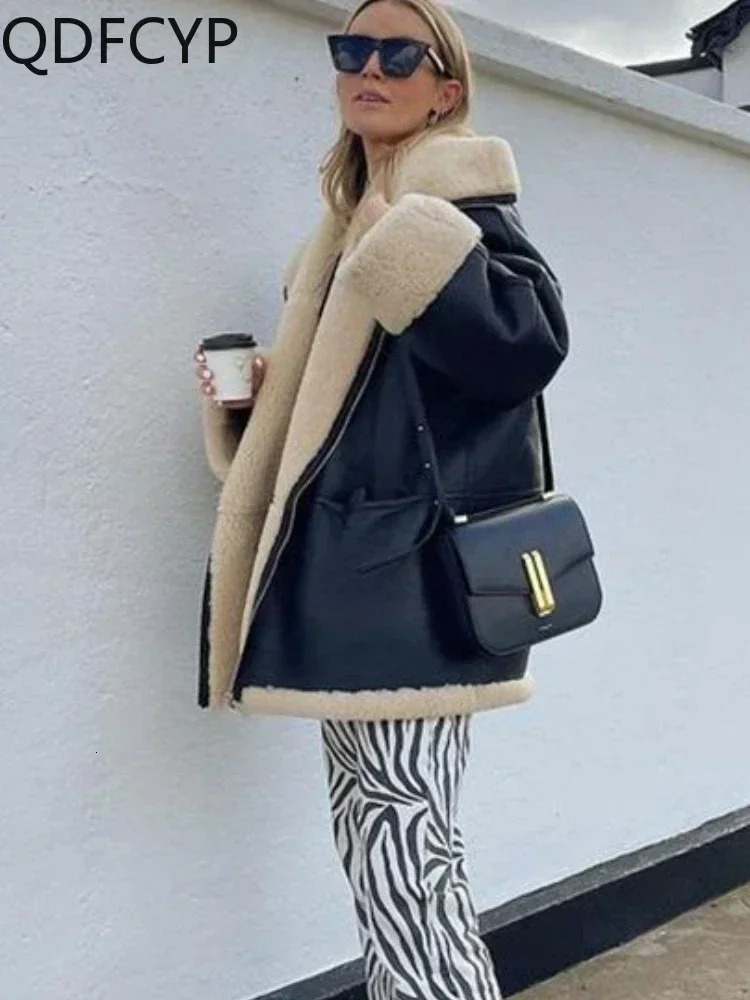 Women's Coats 2024 Autumn Winter New Fashion Large Fur Collar PU Jacket Top Casual Loose Thickened Warm Faux Leather Coat Women