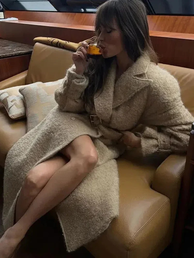 Retro double-layer wool long coat womens casual lapel pocket Maxi coat with belt womens autumn elegant and chic streetwear 241024