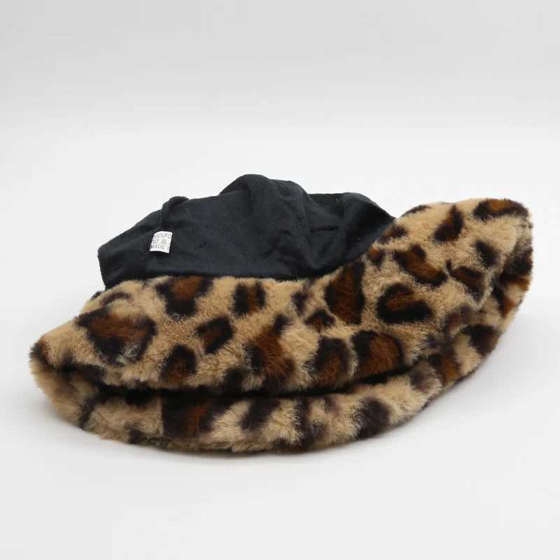 Winter Fashion Cute Leopard Bear Ear Bucket Hat For Women Thick Warm Faux Fur Furly Fisherman Cap Outdoor Protection Soft PanamaX241025