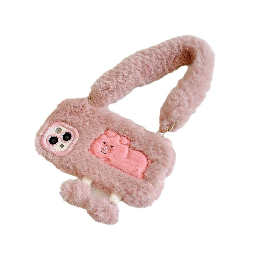 Plush shoulder bag handbag suitable for Apple 15PROMAX phone case 14 cartoon 13 autumn 12 winter 11 dinosaur pig