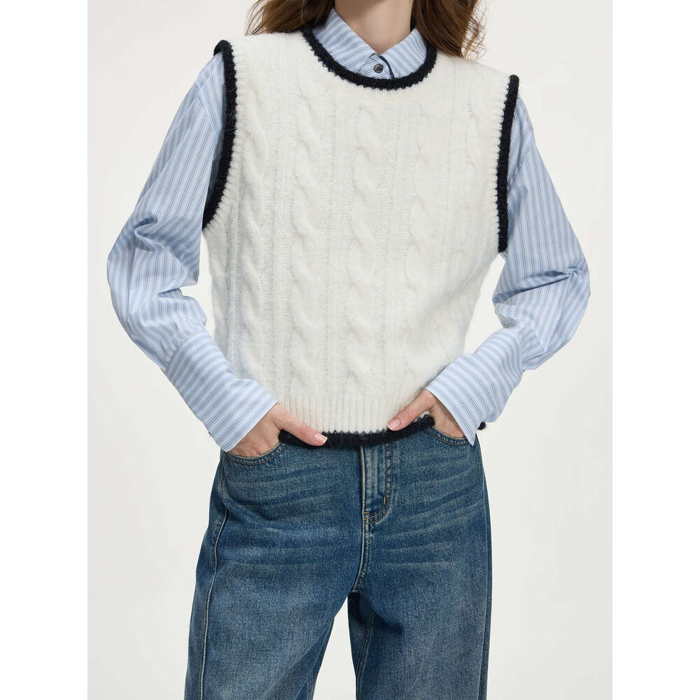 FSLE Women Knitted 6.2% Wool Winter Vests Soft Female Short Contrast Color Sleeveless Sweater Top Round Neck Vest 24Fs14280