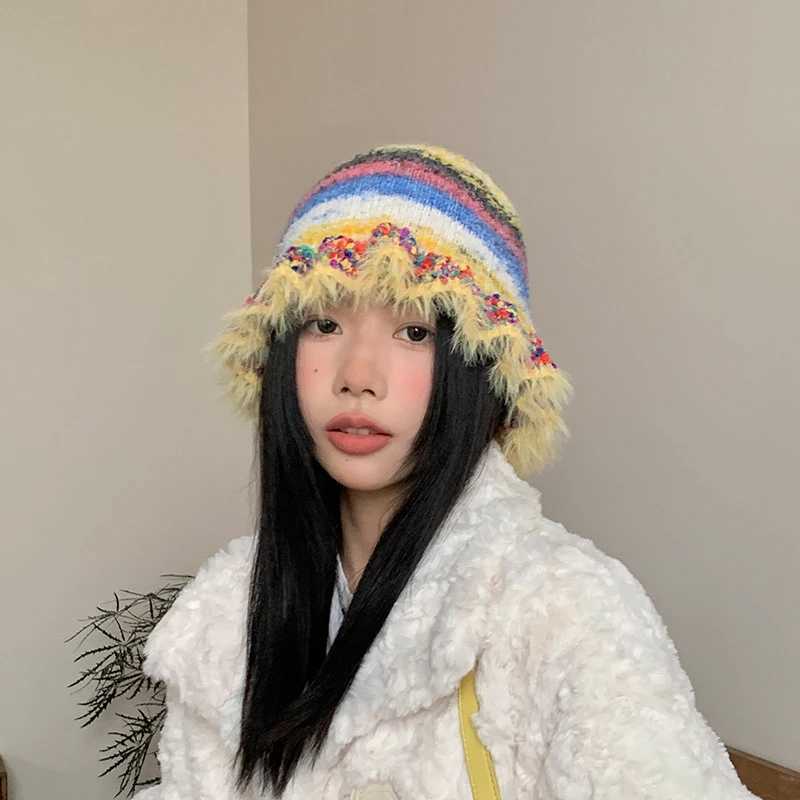 Winter Woolen Cap Rainbow Striped Warm Knitted Hat For Women Ruffle Warm Ski Caps Fashion Elastic Fisherman HatsX241025