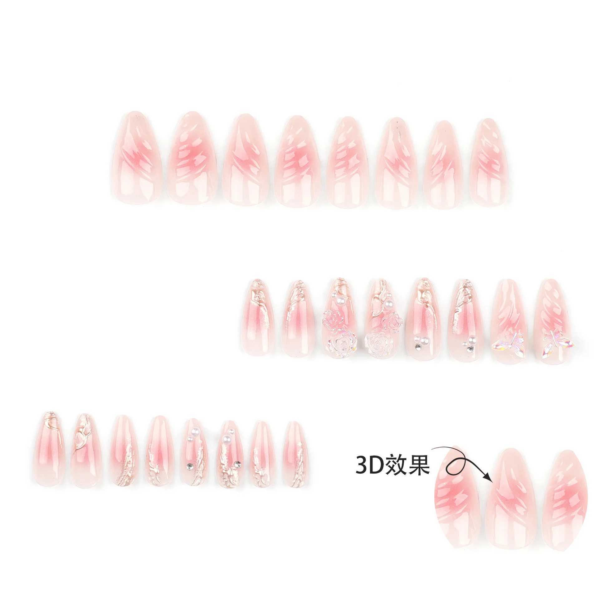 24pcs Pink Blush Flower Fake Nail for Women Wearable Y2k 3D Wave Decor False Nail Patch Korean Sweet Almond Press on NailsXJ241025