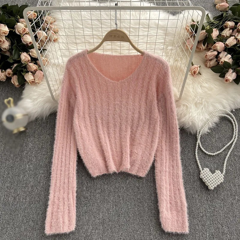 Winter Women Pullovers Loose Fit Knitted Sweater Base Layer Shirt Long Sleeves V Neck Solid Color Warm Tops Lady Casual Jumpers 241024