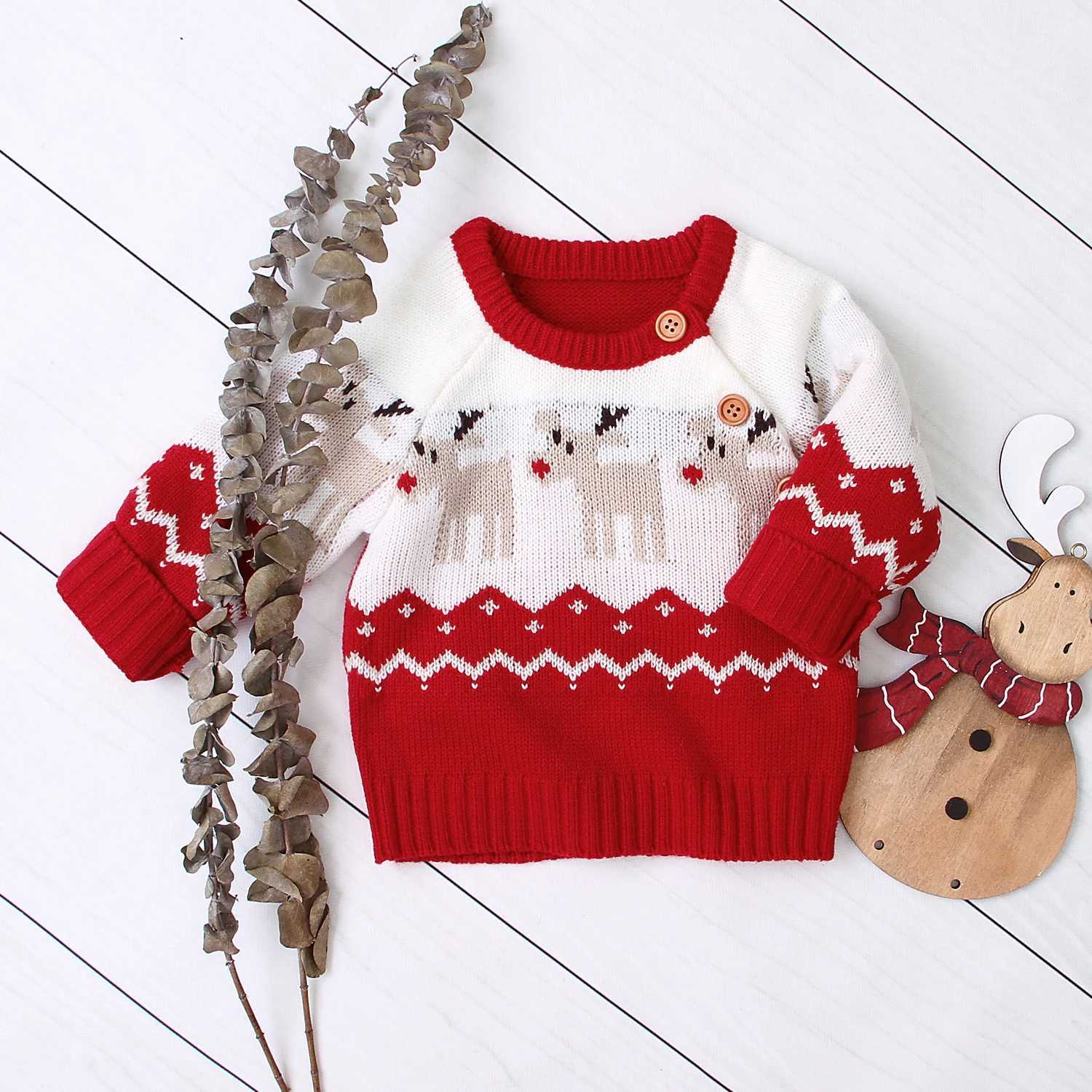 Christmas Girl Boy Knitted Cartoon Sweater Round Neck Long Sleeve Loose Sweater with Elk Pattern Suitable for Spring and Winter W241025