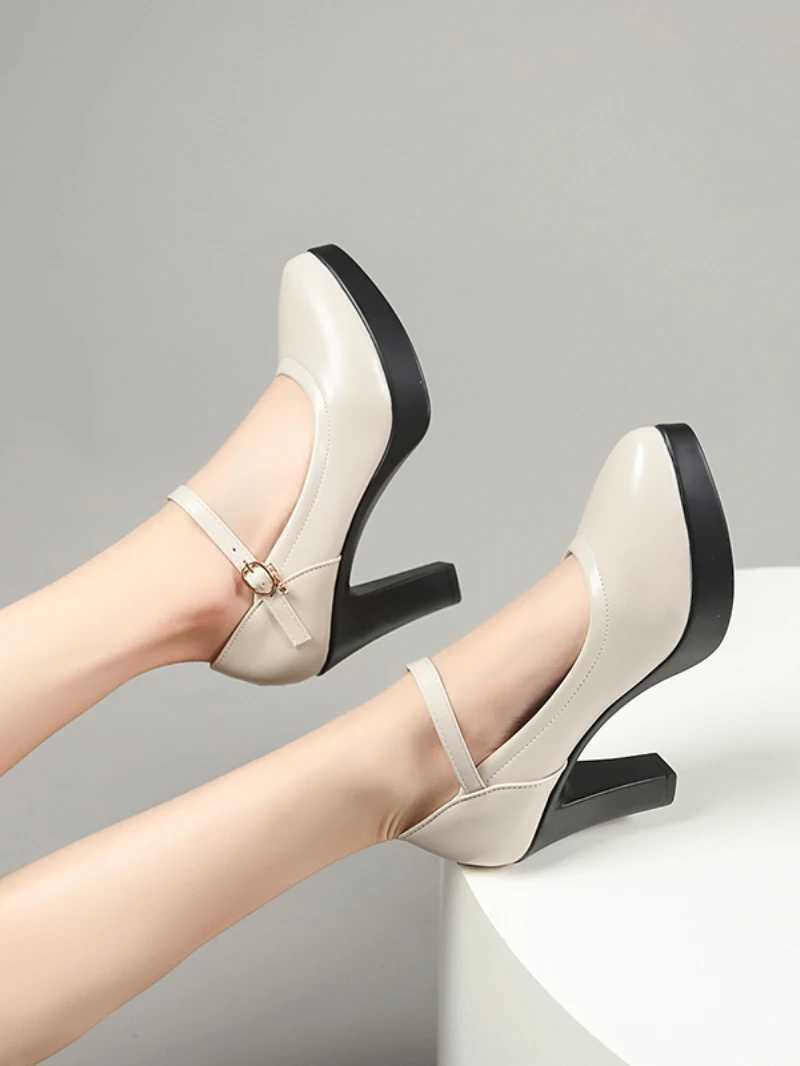 High Quality Ankle Strap Thick Heel Womens Pump Pu Leather Office High Heels Womens Elegant Platform Mary Jane Casual Shoes T241024