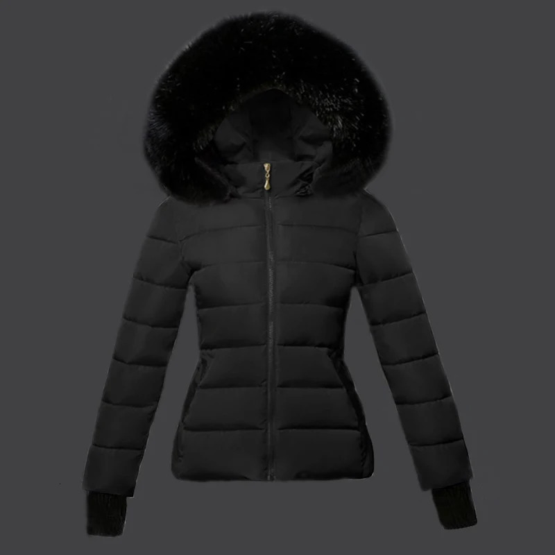 Fashion Black Jacket Cotton Padded Fur Parka Big Collar Down Winter Women Thick Warm Parkas Female Outerwear 241021
