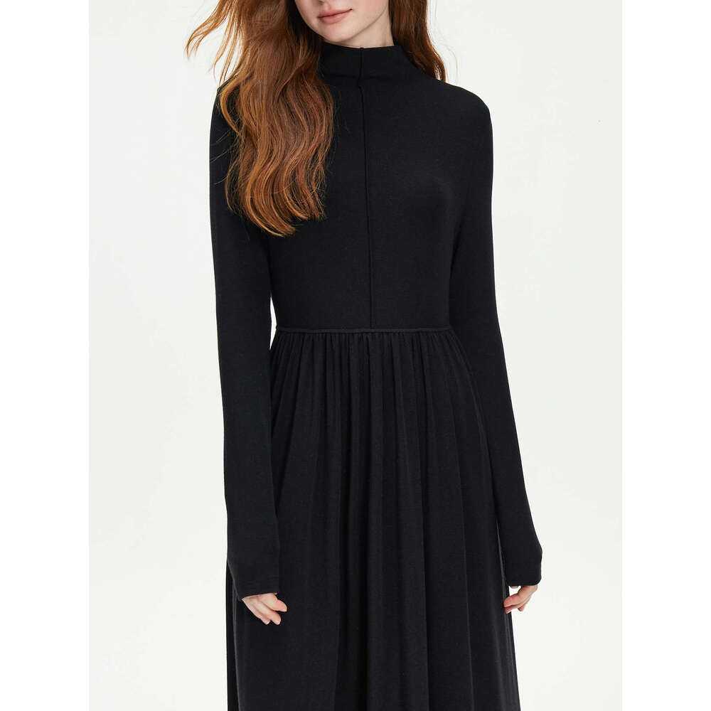 FSLE Knitted Mock Neck Winter Warm All-Match Black Long Pleated Design Dresses Women Sweater Dress 24Fs14498