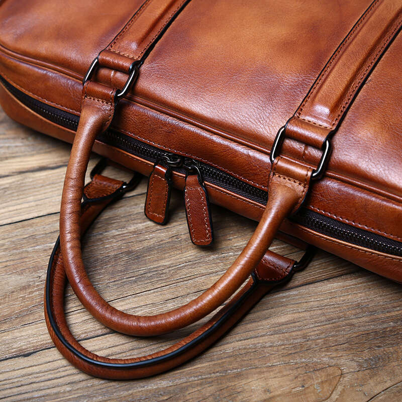 retro handmade mens handbag top layer cowhide briefcase vegetable tanned leather horizontal business computer bag