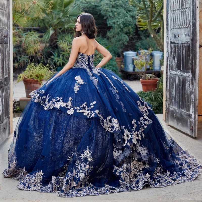 Navy Blue Quinceanera Dresses Ball Gown Gold Lace Applique Beading Tiered Corset Birthday Party Sweet 16 Dress Vestidos De XV 15 Anos