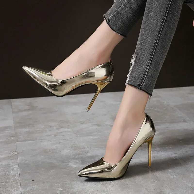 High Quality Womens Pump High Heels Sier Sexy Patent Leather Silver Shoes Womens Stiletto High Heels Fi Luxury Wedding Party Shoes Large Size T241024