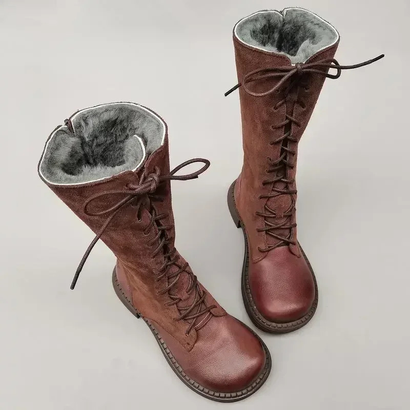 Knight Genuine Leather Real Wool Women's Knee-High Sheepskin Fur Anti Slip Thick Cotton Warm Lace Up Long Boots 3337 241110