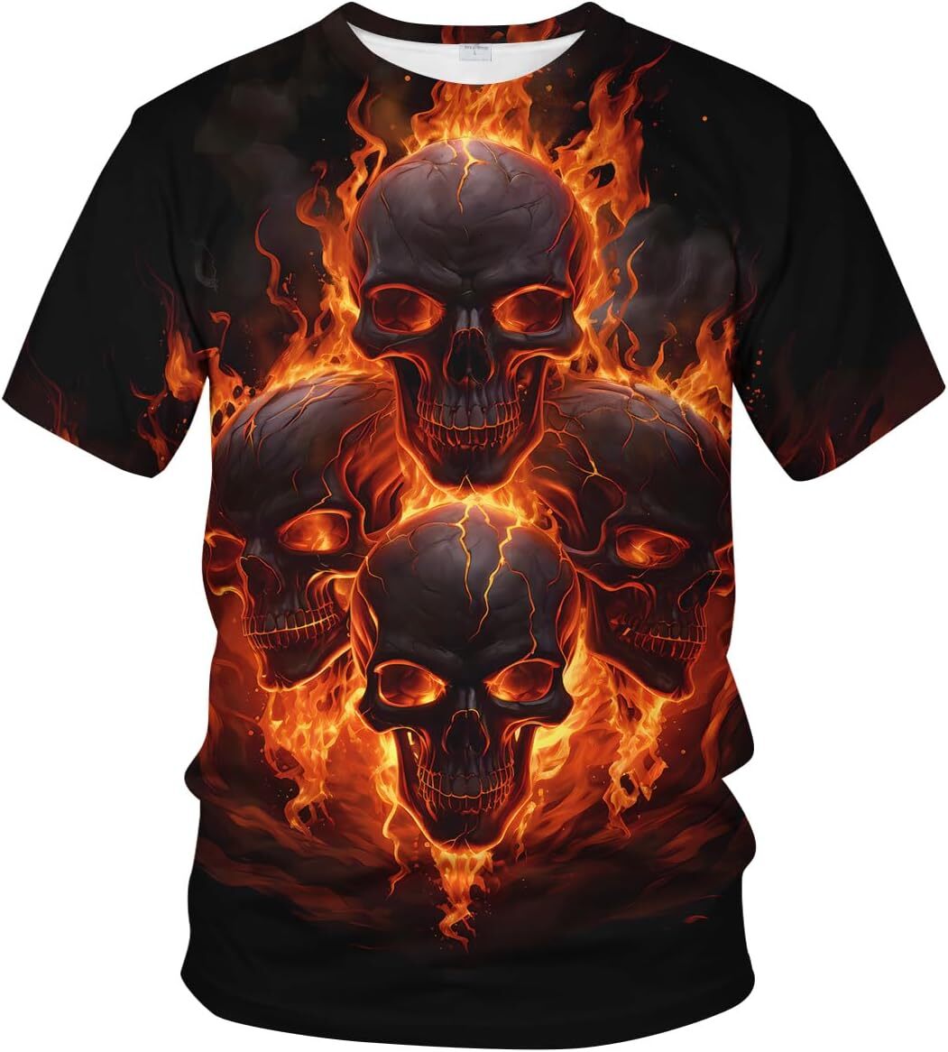 Mens T shirt Creative Flame Skull T-Shirt for Men Summer Fashion Graphic Shirts Short Sleeve tee Casual tops summer clothes Hip hop trend