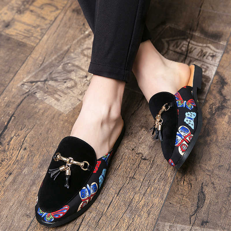 Men Dress Shoes Summer Breathable Half Slippers Mens Korean Version Casual One Foot Lazy Cool Slippers Bean Shoes Small Leather Shoes 241009