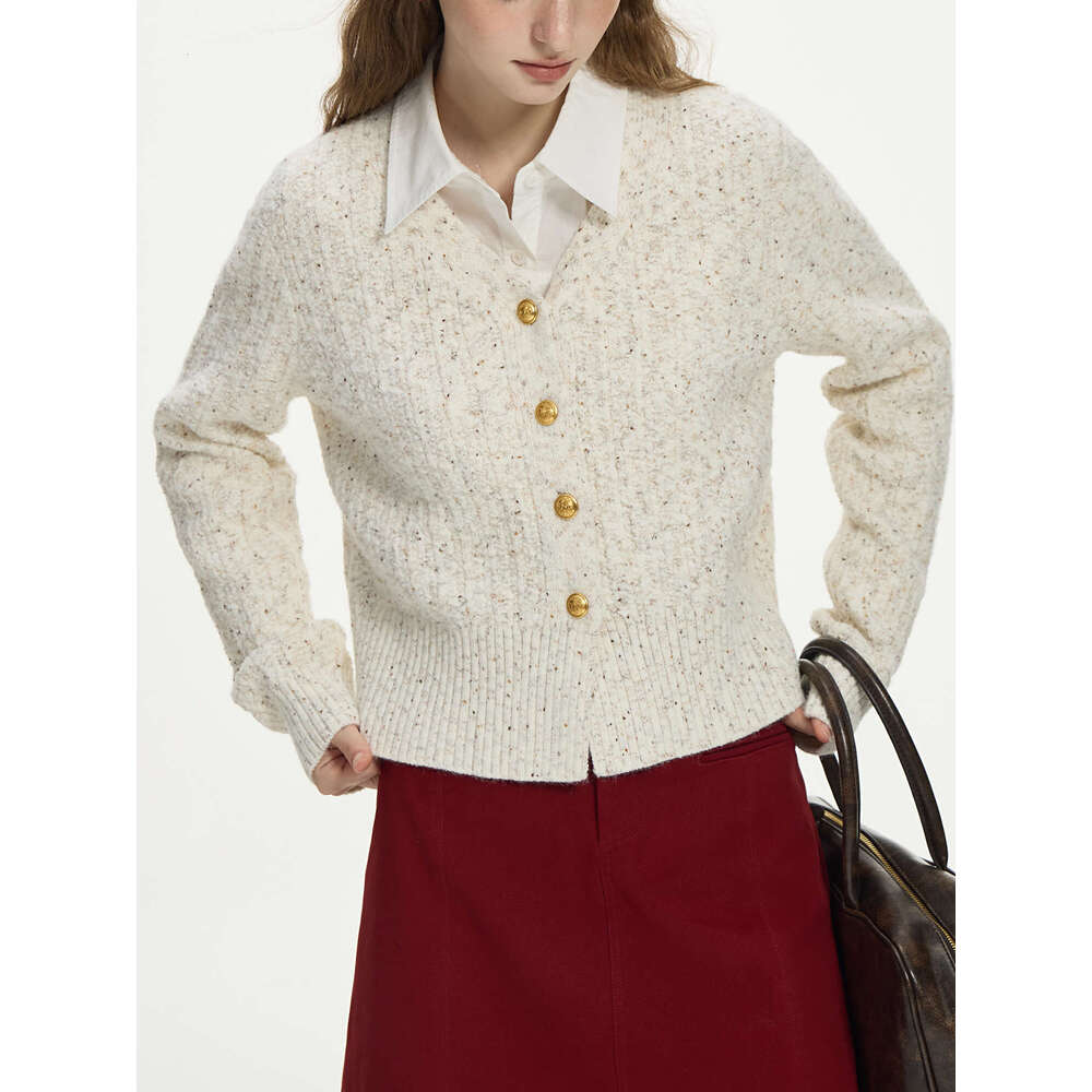 FSLE Beige Knitted Female Cardigan Autumn Winter 2024 New Twisted Wers Color Points V-Neck Versatile Casual Sweater 24Fs14158