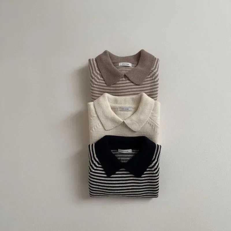 Childrens striped sweater autumn lapel pullover sweater boys and girls cotton loose top baby soft knit dress W241025