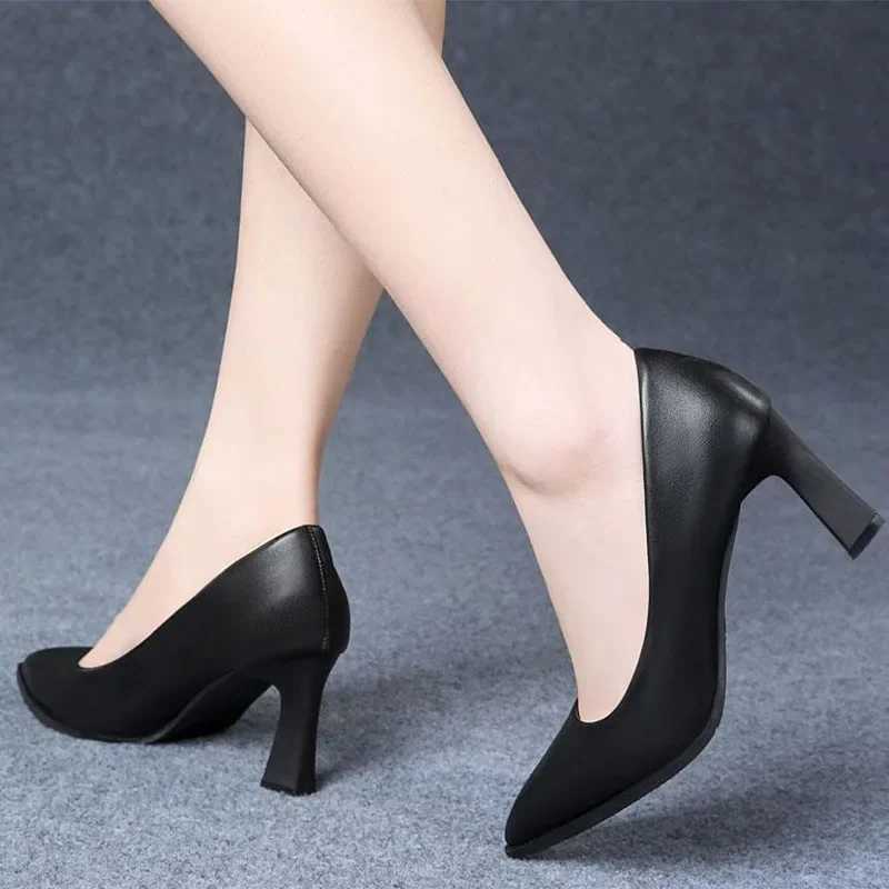High Quality Soft PU N-Slip Single Shoes Work Shoes Womens Pump Black Professional Interview High Heels Middle Boots Work Leather Shoes T241024