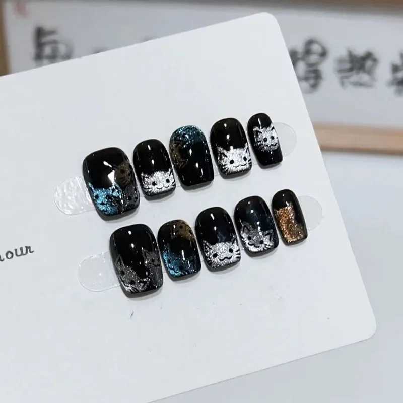 10pcs Handmade Black Cat Eye Cute Cat False Nails with Glue Fake Nails Artificial Charms Press on Nails with Full Set ToolsXJ241025