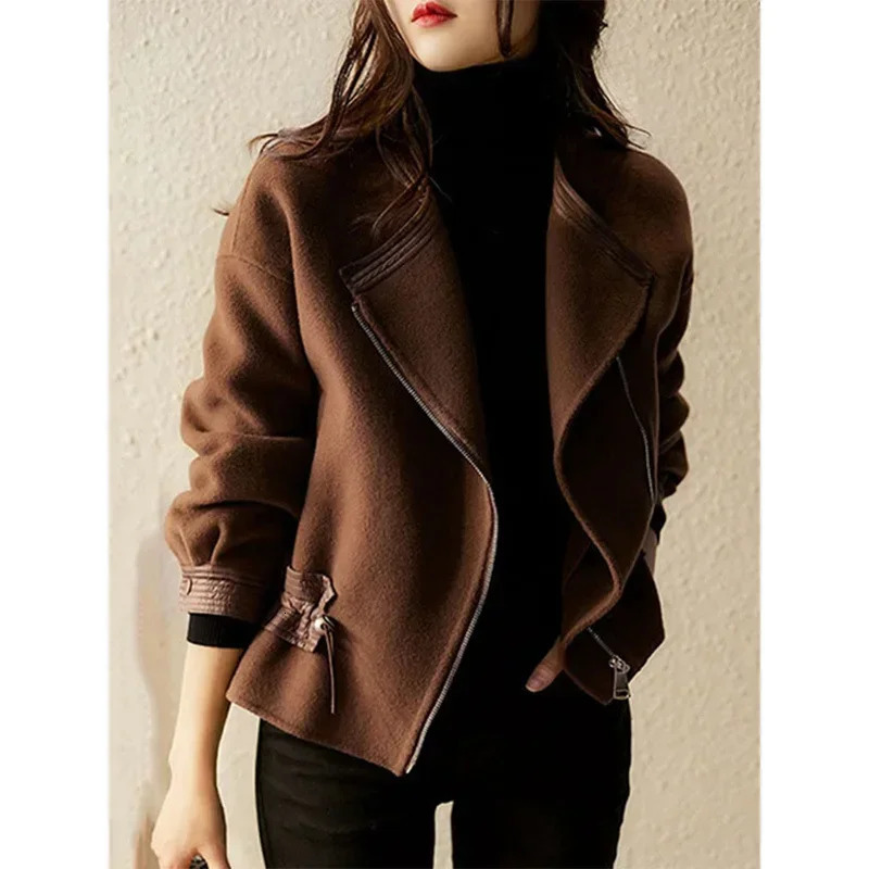 Coffee colored wool womens short jacket high-end motorcycle collar wool jacket autumn short jacket and jacket for women 241024