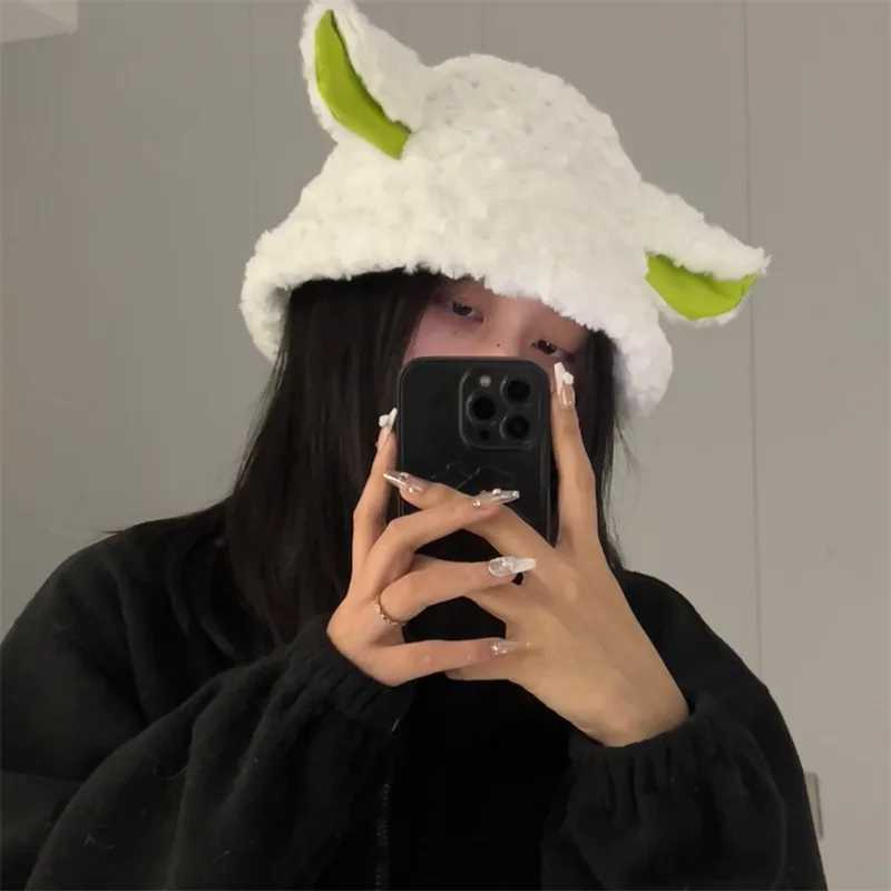 Girls Women Y2K Bucket Hat Cute Lambs Sheep Ear Wool Plush Panama Femae Faux Fur Soft Fisherman CapX241025