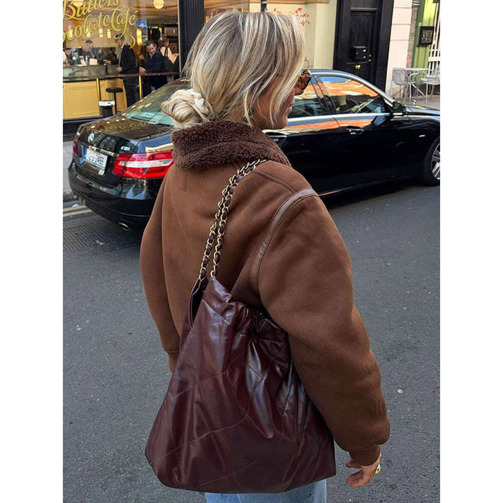 Chic Brown Adjustable Long Sleeve Wool Coat Warm Lapel Zipper Patchwork Faux Fur Short Jacket New Winter Female High Streetwear