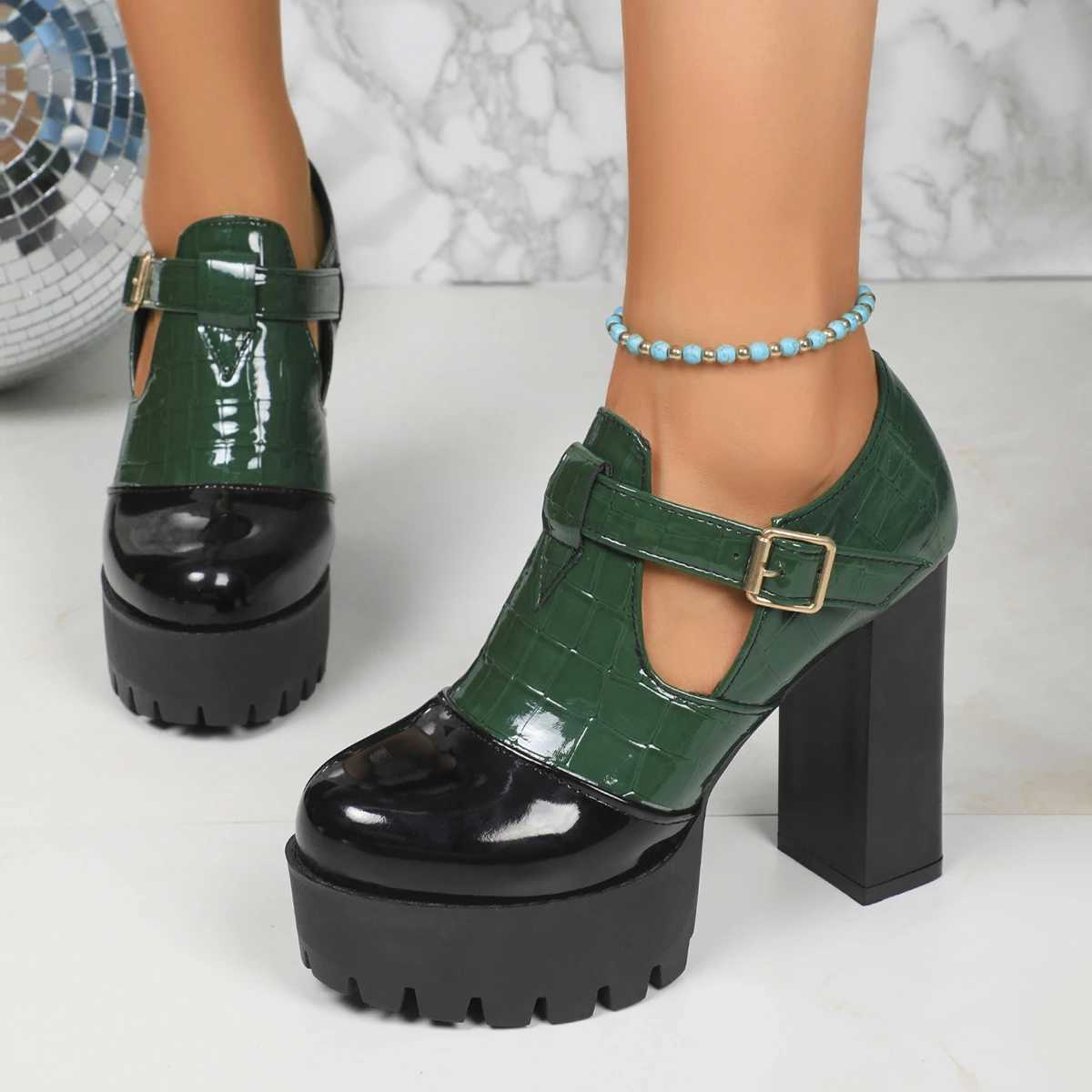 High Quality New Fi Spring Autumn High Heels Womens Pump Leather High Heels Thick Platform Black Green Dress Party Shoes T241024