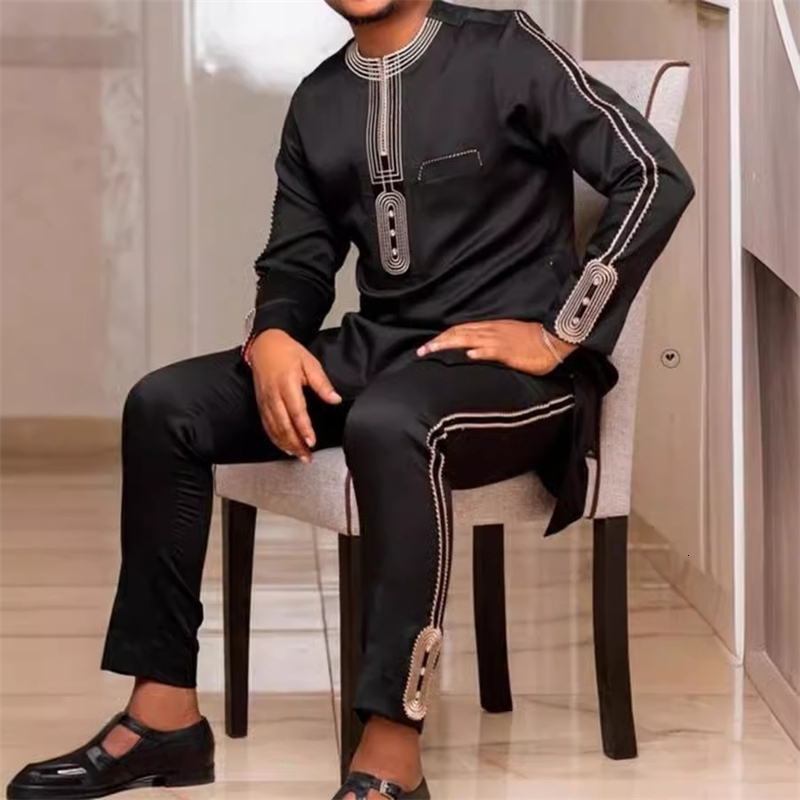 Mens fashion casual black print twopiece suit 241010