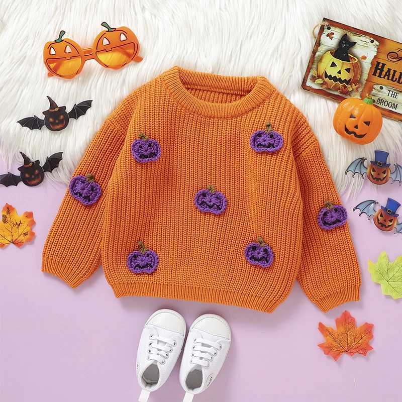 Baby girl boy knitted sweater long sleeved crew collar pumpkin warm Halloween costume winter childrens top W241025