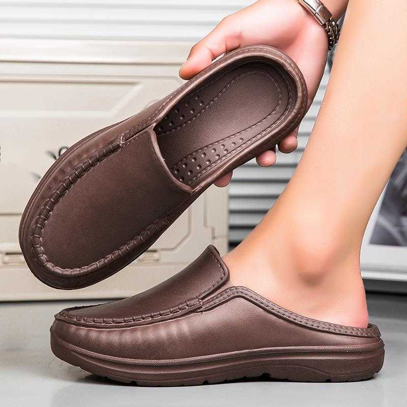 Men Dress Shoes Mens Half Slippers Summer New Style Leather Shoes Lazy Shoes One Foot Sandals Mens Driving Thick Bottom Casual Small Casual Shoes 2410