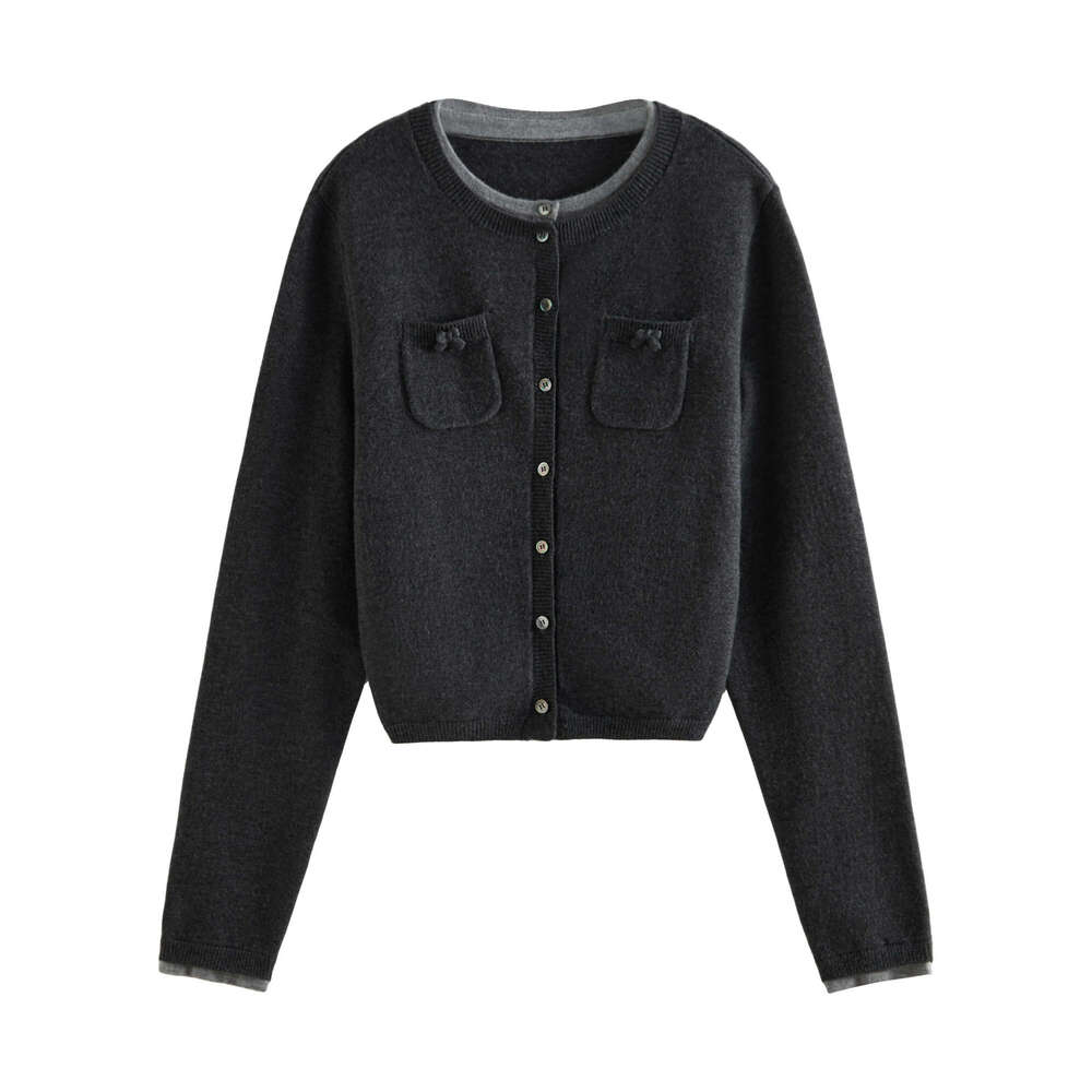 FSLE Women Grey Cardigans College Style Fake Two Piece Design Round Neck Sweaters Contrast Color Female Cardigan 24Fs14181