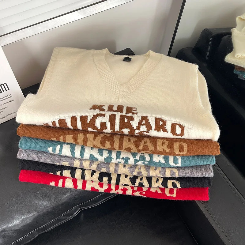 Mens Letter Sweater Vest VNeck Sleeveless Preppy Style Fashion Campus Pullovers Classic Fit Tank Tops 241025