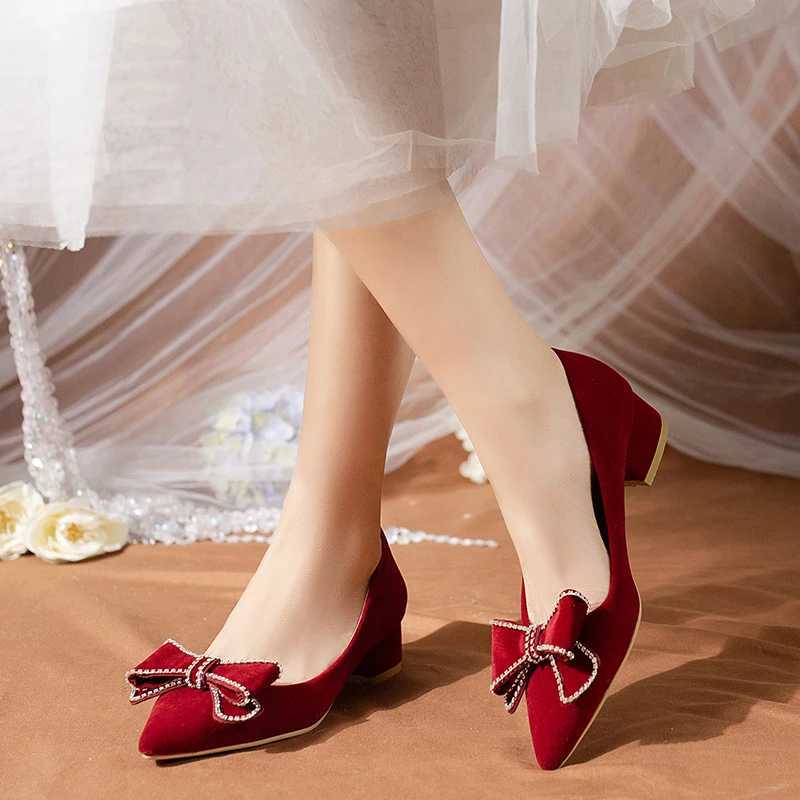 High Quality Womens Spring/Summer New Red Rhine Bow Large Wedding Shoes with Comfortable Corner and Shallow Mouth High Heels T241024