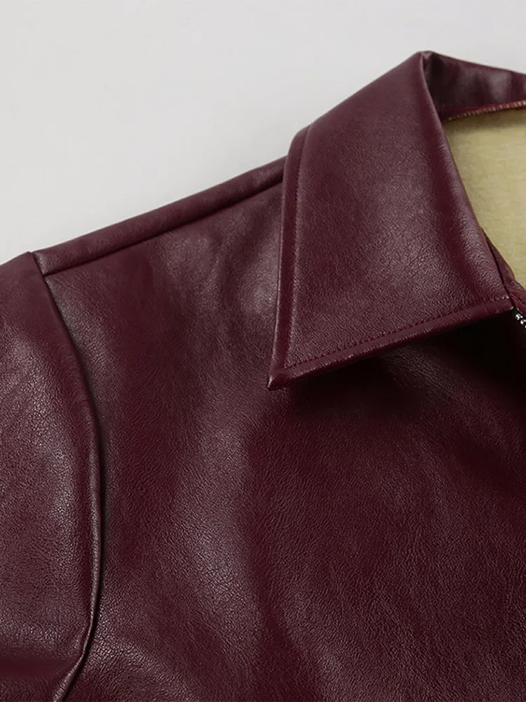 Elegant womens long sleeved leather jacket retro lapel womens short jacket autumn womens motorcycle top jacket 241024