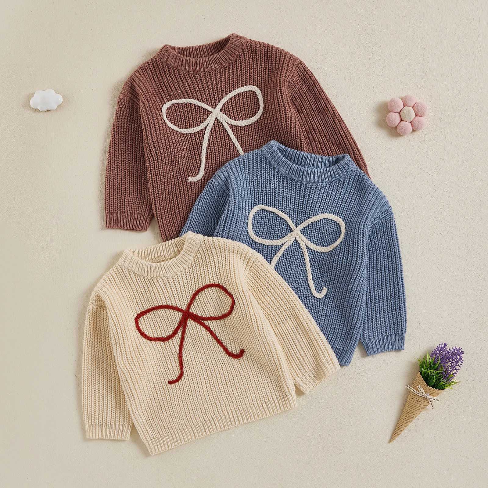 FOCUSNORM 6-Color 0-5Y Autumn Winter Cute Sweater for Children and Girls Butterfly Knot Embroidered Long Sleeve Round Neck Loose Knitted Pulling Flowe