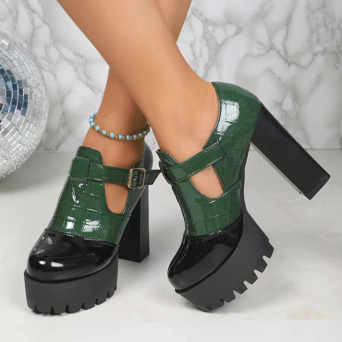 High Quality New Fi Spring Autumn High Heels Womens Pump Leather High Heels Thick Platform Black Green Dress Party Shoes T241024