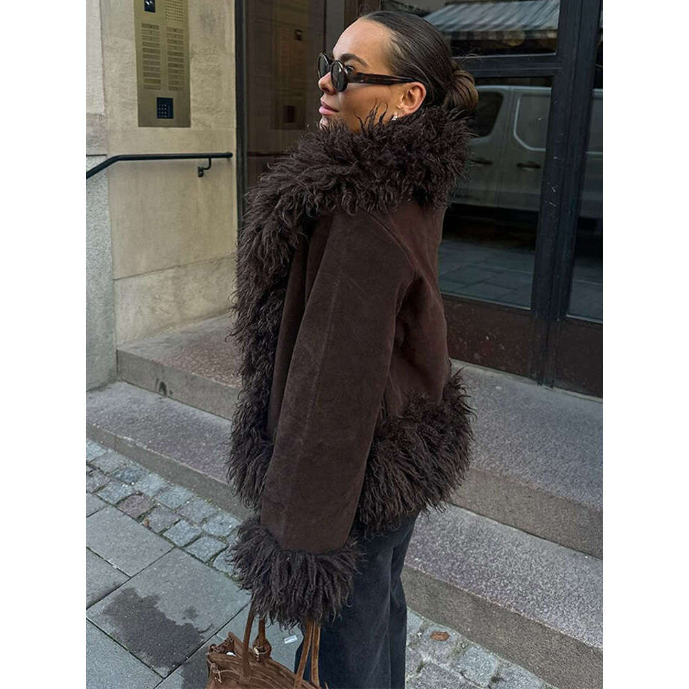 Fashion Brown Long Wool Full Sleeve Coats Warm Thickened Large Lapel Patchwork Short Jacket 2024 New Lady Winter Outwear