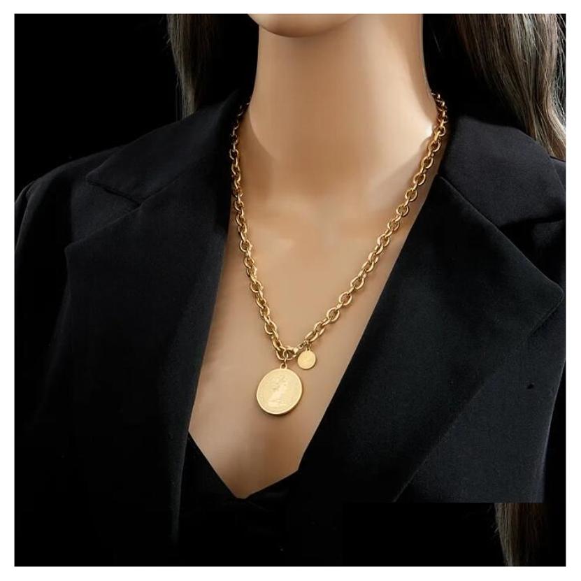 18K Gold Portrait Coin Necklace Designer Stainless Steel Chain Collar Woman Fashion Luxury Gift Drop Delivery Pendants Otzuz
