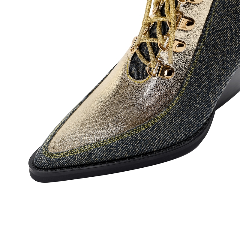 Kaky's New Pointed Denim Lace Up High Heel Large Women's Western Boots