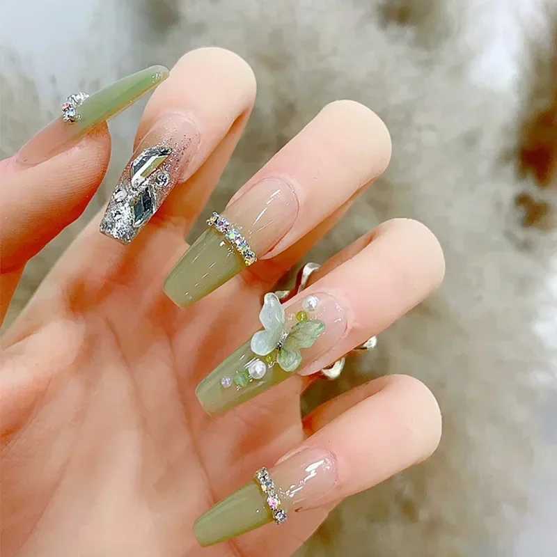 24Pcs Green Long Ballerina False Nails Butterfly with Glue Wearable Fake Nails Spring Rhinestones Full Cover Press on Nail TipsXJ241025