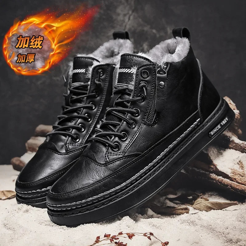 Leather mens boots winter platform warm fur ankle short lace fashionable novel compact casual work shoes Botas 241024