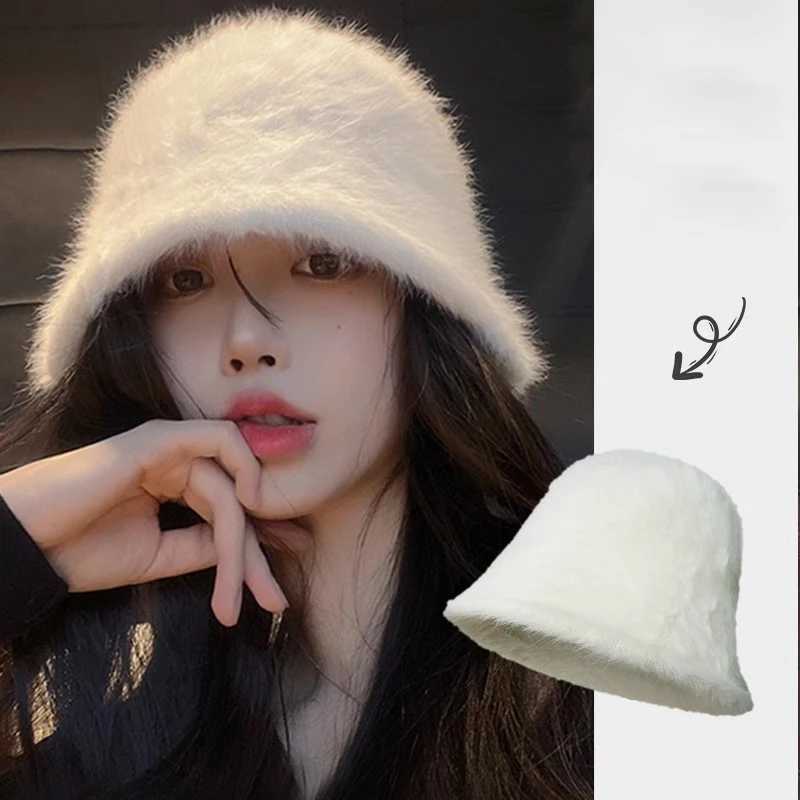 Rabbit Fur Fisherman Hat for Women Windproof Autumn-winter Basin Hat Head Round Plush Warm Black White Bucket Caps for FemaleX241025