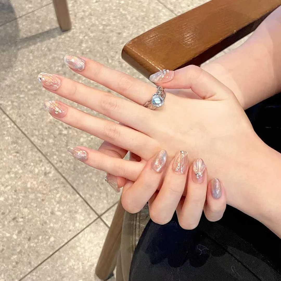 10Pcs Aurora Handmade False Nails with Jelly Glue Long Almond Fake Nail Art Shell Design Press on Nails Full Cover Manicure TipsXJ2410