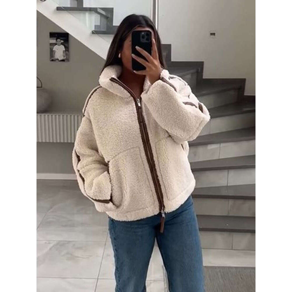 Casual Stand Collar Full Sleeve Patchwork Jacket Warm Double-End Zipper Pockets Plush Coats New Female Winter High Streetwear