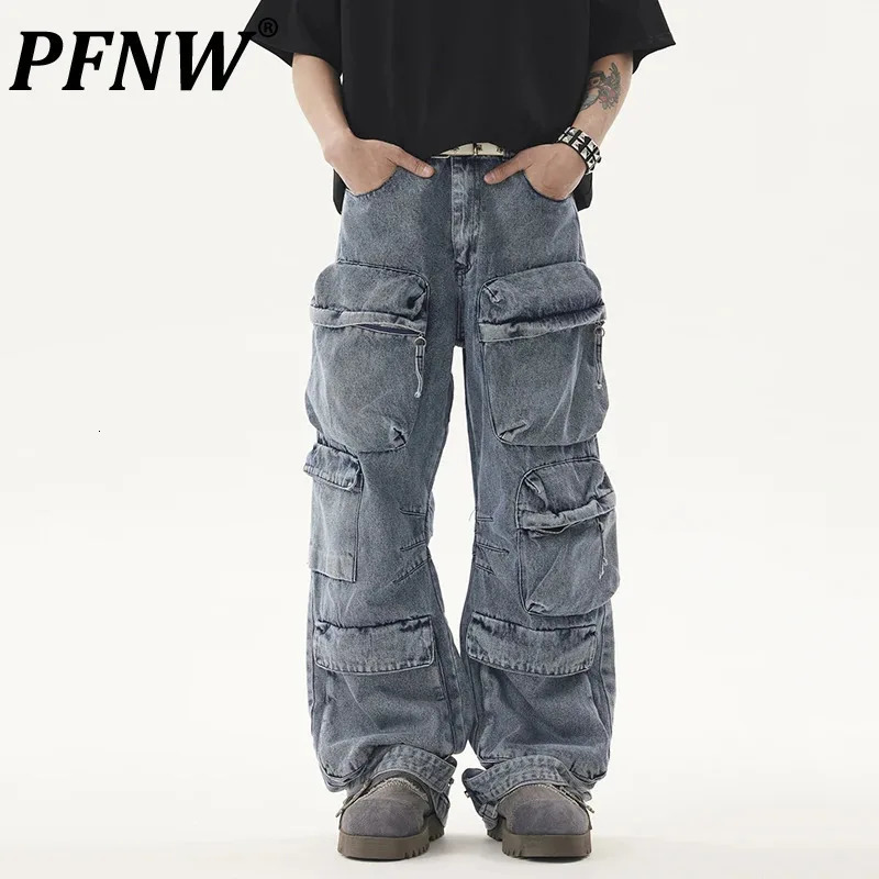 PFNW High Street Mens Denim Pants Three-dimensional Multi-pockets Worn-out Overall Straight Leg Male Bottom Loose 12C521 241024