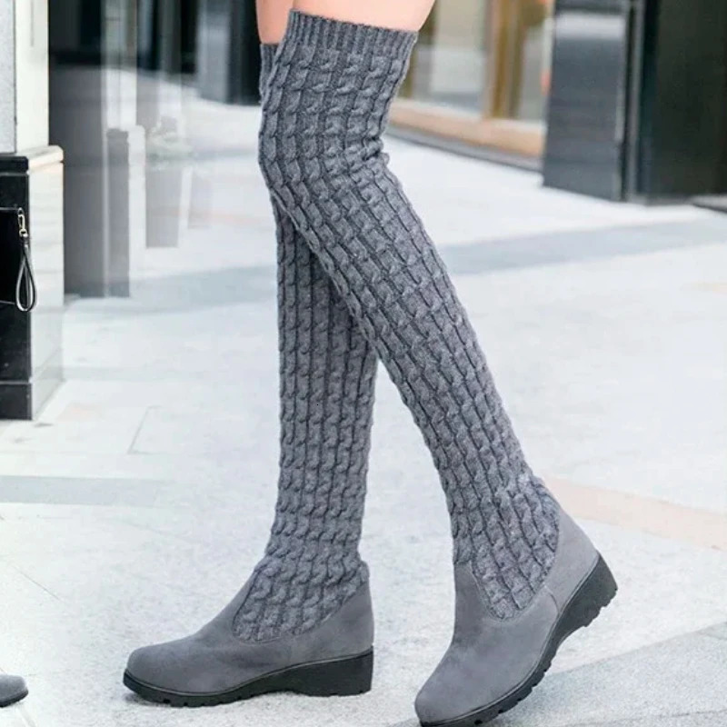 Womens boots spring and autumn thick boots womens knitted boots knee boots elastic boots sock wedge boots 250225