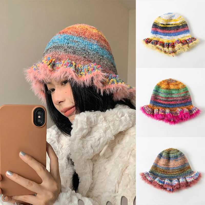 Winter Woolen Cap Rainbow Striped Warm Knitted Hat For Women Ruffle Warm Ski Caps Fashion Elastic Fisherman HatsX241025
