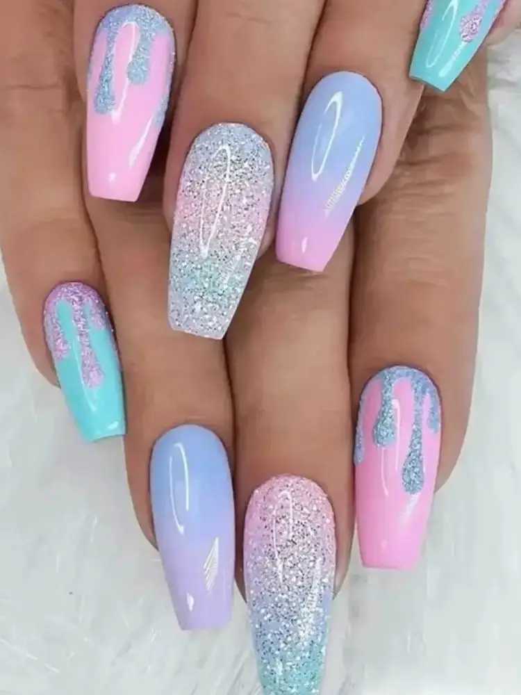 Detachable Manicure Wearable Nail Art Press On Nails purple Glitter French False Nails Long Coffin Fake Nails Full Cover TipsXJ241025