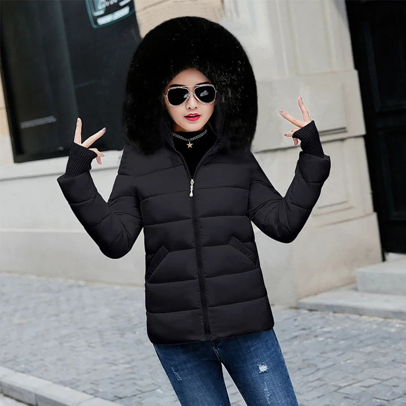 Fashion Black Jacket Cotton Padded Fur Parka Big Collar Down Winter Women Thick Warm Parkas Female Outerwear 241021