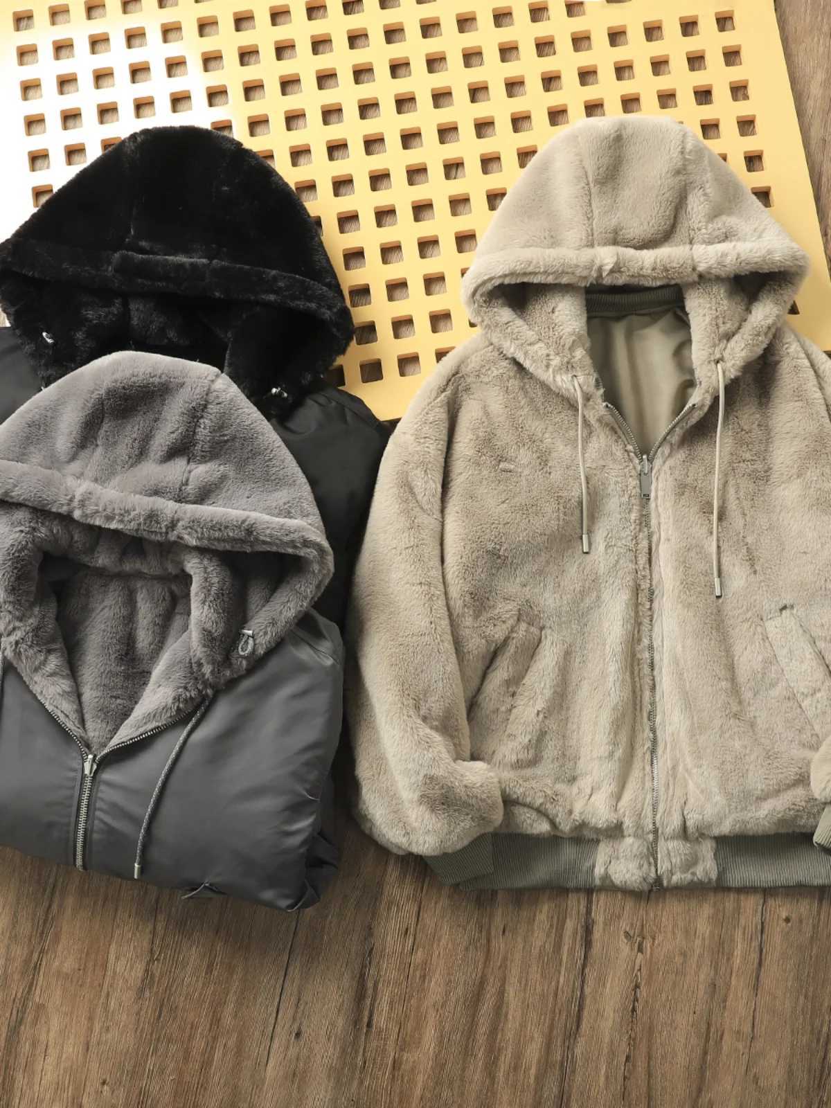 Double sided rabbit plush inner winter mens thick warm bomber jacket light luxury cashmere padded coat unisex hooded park W241024