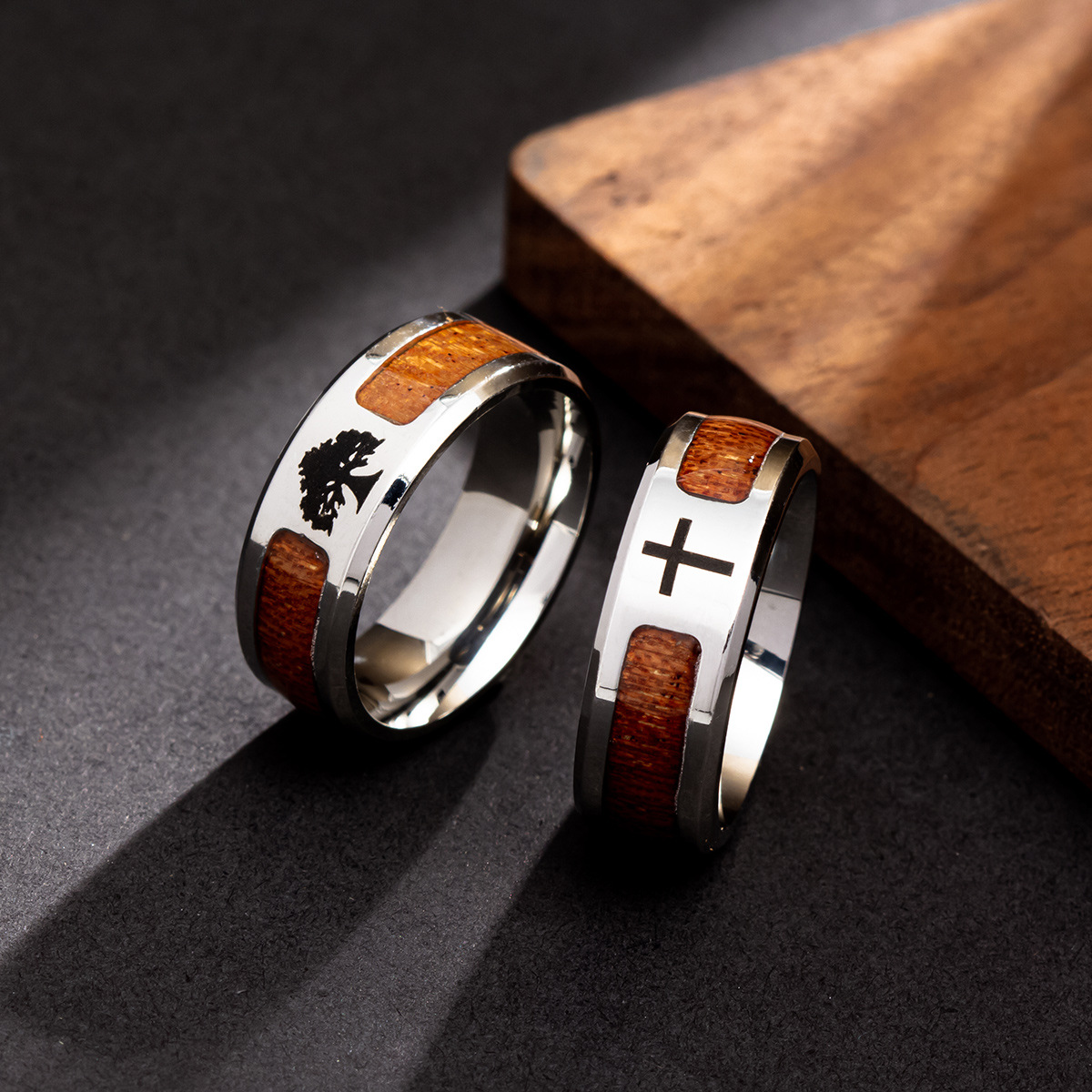Stainless Steel Wood Tree of Life Jesus Cross Ring Band Design Rotatable Chain Signet Rings for Women Men Gold Filled Fashion Jewelry